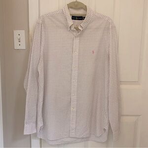 Ralph Lauren Button Down Collared Shirt in White with Pink and Black Plaid